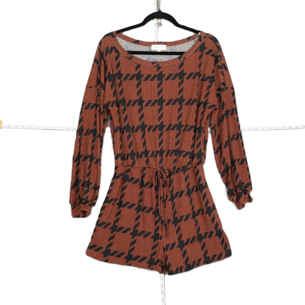 Perfect Peach Women MED Boho Rust & Black Plaid Long Sleeve Romper Soft Knit